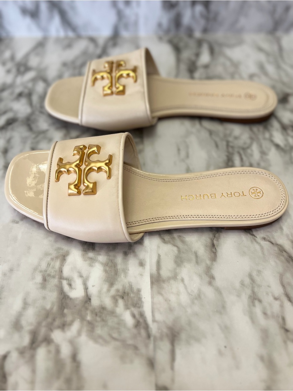 Tory Burch Eleanor Ivory Leather Slide Sandals with Gold Logo Womens 9 - Picture 2 of 6